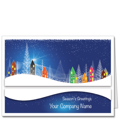 Holiday Cards for Business Winter Village Blue with village houses and winter scene