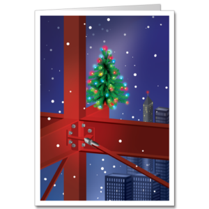 Construction Christmas Cards Steel Framing Structure with Traditional Topping off Christmas tree.