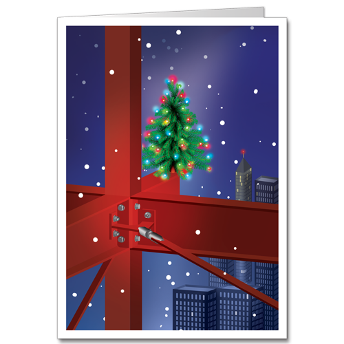 Construction Christmas Cards Steel Framing Structure with Traditional Topping off Christmas tree.