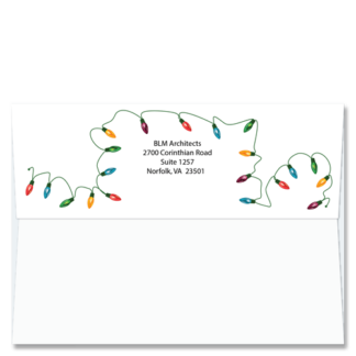 image of Cardphile's custom FlapArt envelopes with colorful traditional Christmas lights