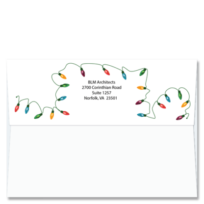 image of Cardphile's custom FlapArt envelopes with colorful traditional Christmas lights