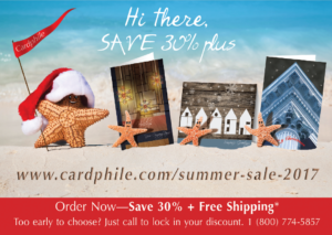 Cardphile summer sale postcard image starfish dancing on the beach in front of holiday cards