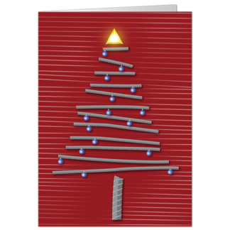 Construction Christmas cards with a tree made of rebar and glowing triangle star at the top