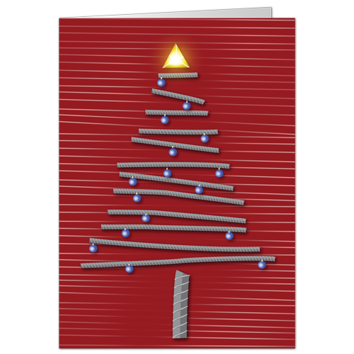 Construction Christmas cards with a tree made of rebar and glowing triangle star at the top