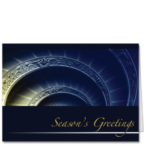 Ascent 2708 Elegance in business blue and glittering gold, an ornate spiral and a message of "Season's Greetings."