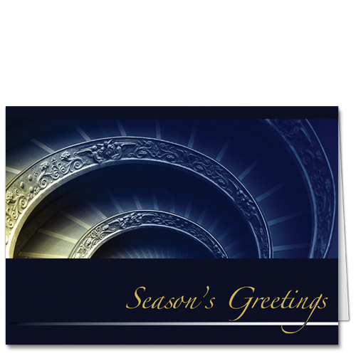 Ascent 2708 Elegance in business blue and glittering gold, an ornate spiral and a message of "Season's Greetings."