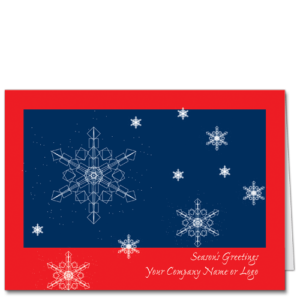 CAD Snowstorm Red 3272 Symmetrical structural snowflakes on a business blue background with a cheery red border.