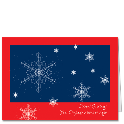 CAD Snowstorm Red 3272 Symmetrical structural snowflakes on a business blue background with a cheery red border.
