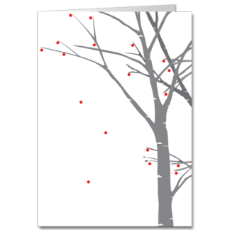 Building Birch 3831 A winter's birch tree rendered in minimalist style on a crisp white background with just a few happy red baubles.