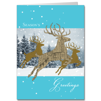 Urban Wild Life 3850 Pretty, prancing deer in a winter wonderland reminiscent of mixed media art in earthly blue and brown hues.