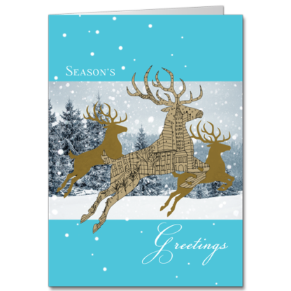 Urban Wild Life 3850 Pretty, prancing deer in a winter wonderland reminiscent of mixed media art in earthly blue and brown hues.