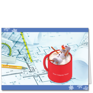 Architectural Holiday Card Kicking Back 3851 A marshmallow snowman relaxes in his chocolate hot tub on an architect's desk.