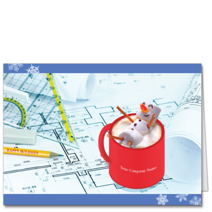 Architectural Holiday Card Kicking Back 3851 A marshmallow snowman relaxes in his chocolate hot tub on an architect's desk.