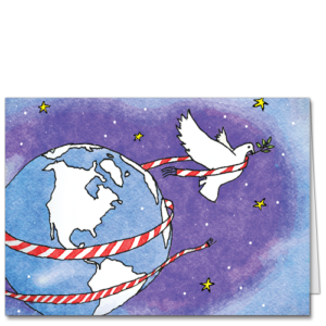 Global Peace Holiday Card World Watercolor 3880 A dove wraps the world in a candy-striped muffler.