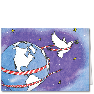 Global Peace Holiday Card World Watercolor 3880 A dove wraps the world in a candy-striped muffler.