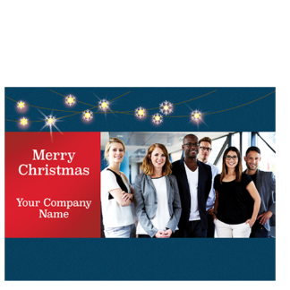 Custom Business Holiday Card Seasonal Glow 3890 Add your personal photography to this handsome red and navy greeting card.