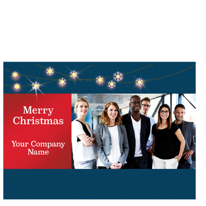 Custom Business Holiday Card Seasonal Glow 3890 Add your personal photography to this handsome red and navy greeting card.