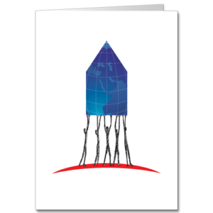 Corporate Holiday Cards design depicts humans with upstretched arms holding a Global House aloft in a symbol of unity