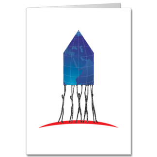 Corporate Holiday Cards design depicts humans with upstretched arms holding a Global House aloft in a symbol of unity
