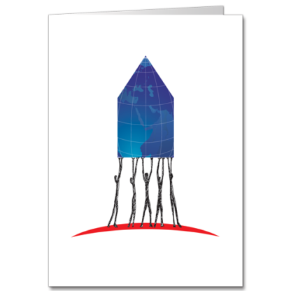 Corporate Holiday Cards design depicts humans with upstretched arms holding a Global House aloft in a symbol of unity