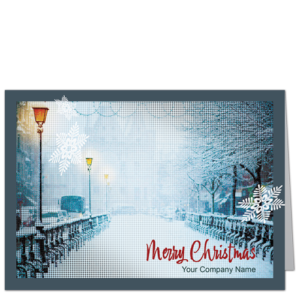 Winter Scene Holiday Card with Bridge and Moire Pattern