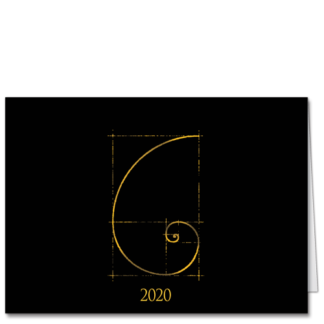 A sophisticated New Years Card in elegant black with the delicate tracings of a Fibonacci spiral and the year in bright yellow.