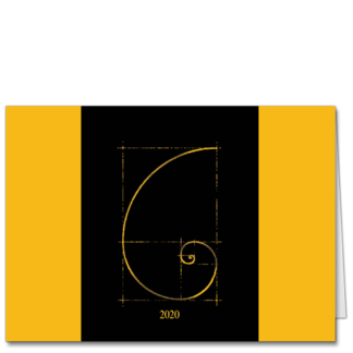 Bold New Year Card design in deep yellow and black with a Fibonacci spiral at center.