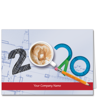 Architect New Year's Cards Image spells out the New Year in architect drafting tools on a blueprint background.