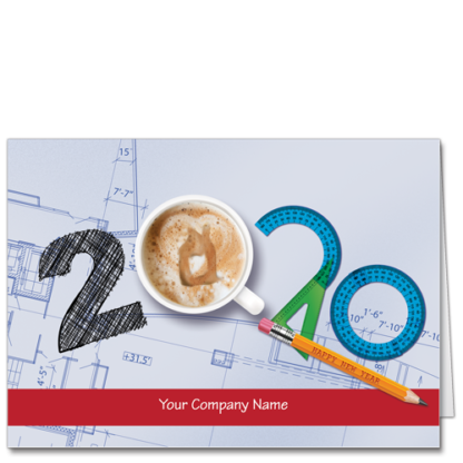Architect New Year's Cards Image spells out the New Year in architect drafting tools on a blueprint background.