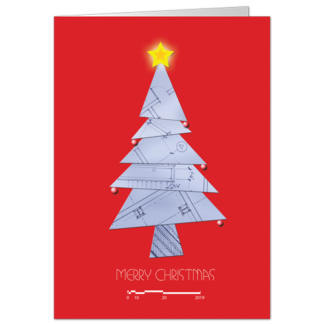 Christmas card with a blueprint tree on bright red background