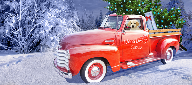 image link to popular business holiday greeting card with doggy in red truck
