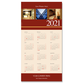 This rich rust colored background borders your own images that you can upload to create an impressive calendar greeting card.