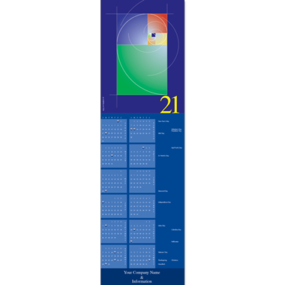 A business calendar card in hues of blue and purple with warm accents and featuring the Fibonacci spiral.