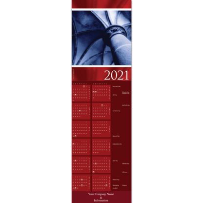 This calendar holiday card for business features elegant vaulted arches in rich blue and red hues.
