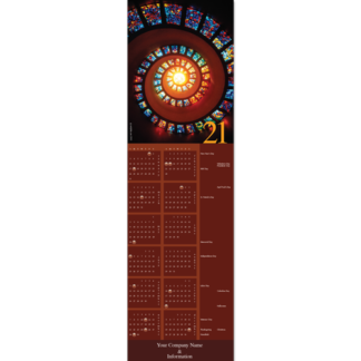 Illuminating image of a spiral stained glass skylight is featured in this business calendar card.