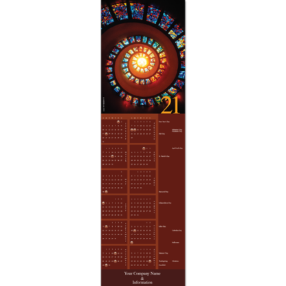 Illuminating image of a spiral stained glass skylight is featured in this business calendar card.