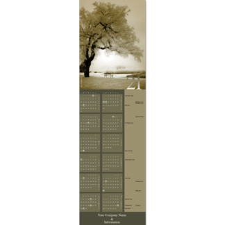 This calendar greeting card features a frosty winter scene with large tree and bench.