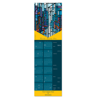 Calendar greeting card design with stained glass Wright style window.