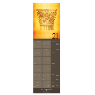 This 12 month business calendar card features a Corinthian column at the top in rich golden hues