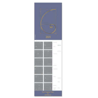 This calendar greeting card features a Fibonacci spiral in gold on a background of grey and lavender