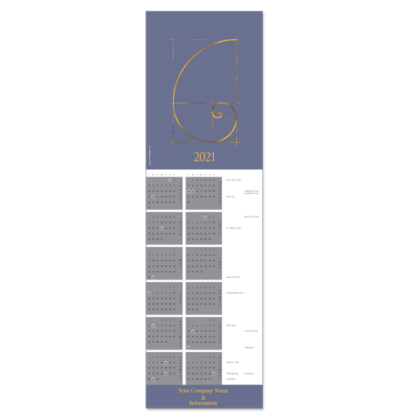This calendar greeting card features a Fibonacci spiral in gold on a background of grey and lavender
