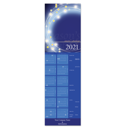 This calendar greeting cards features abstract wreath of light in glowing shades of blue with yellow detail.