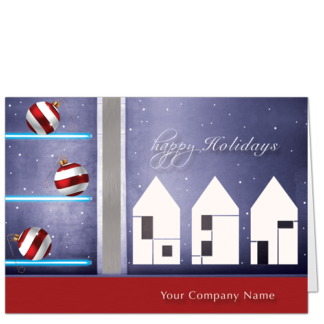 Building Industry Christmas Cards Holiday Home II 4104 Dusty blue and cheery red with shiny ornaments and happy houses.