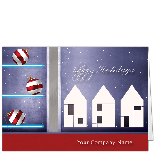 Building Industry Christmas Cards Holiday Home II 4104 Dusty blue and cheery red with shiny ornaments and happy houses.