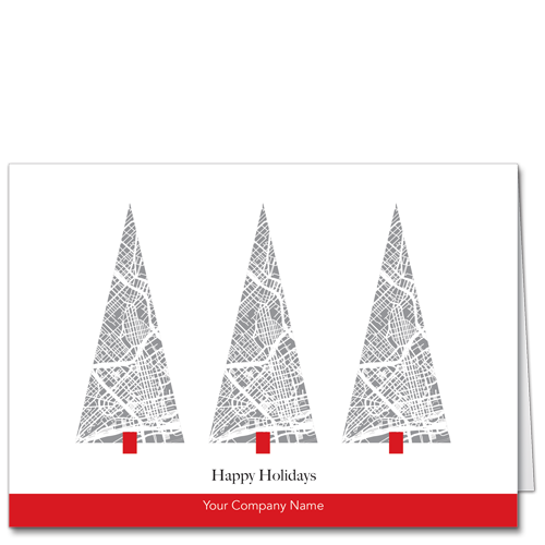 Urban Planning Christmas Cards City of Trees 4114 Simply lovely Christmas trees and a red band for your company name.
