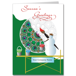 Artistic Business Holiday Cards Touch of Color 4121 A busy snowman artist fills in the colors of a stained glass window