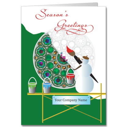 Artistic Business Holiday Cards Touch of Color 4121 A busy snowman artist fills in the colors of a stained glass window