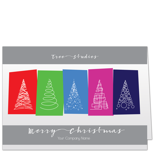 Architect Christmas Cards Tree Options 4117 Color blocks with different styled line drawings of Christmas trees.