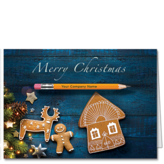 Construction Christmas Cards Seasonal Delight 4135 Holiday lights, gingerbread cookies, and a pencil with your construction company's name on it.