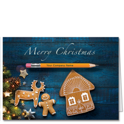 Construction Christmas Cards Seasonal Delight 4135 Holiday lights, gingerbread cookies, and a pencil with your construction company's name on it.